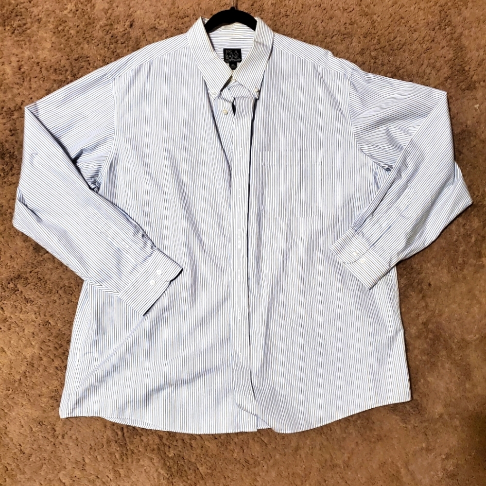 JOS. A. BANK STRIPE MENS BUTTON DOWN SHIRT SIZE XXL. BLUE TAN, AND WHITE.